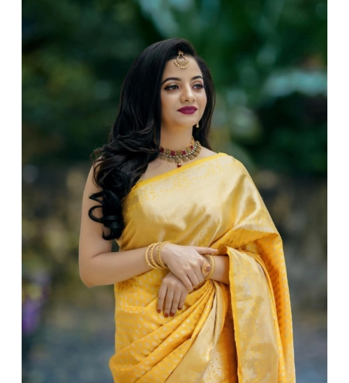 Generic Women's Soft Lichi Silk Printed Saree With Unstitched Blouse 5.5Mtr (Yellow)