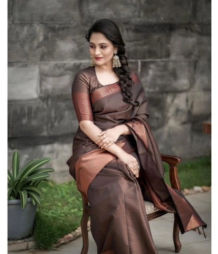 Generic Women's Soft Lichi Silk Printed Saree With Unstitched Blouse 5.5Mtr (Brown)