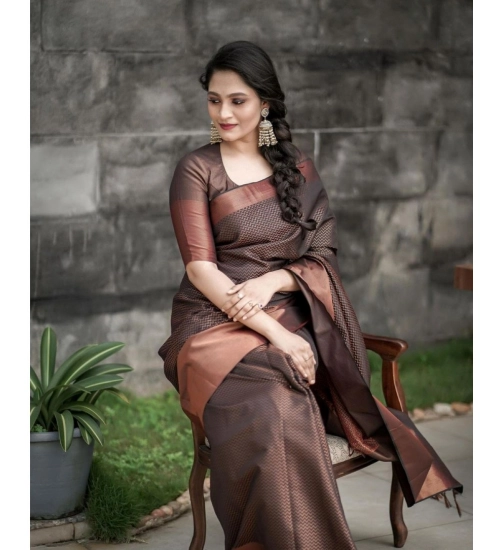 Generic Women's Soft Lichi Silk Printed Saree With Unstitched Blouse 5.5Mtr (Brown)