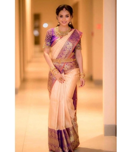 Generic Women's Soft Lichi Silk Printed Saree With Unstitched Blouse 5.5Mtr (Purple)