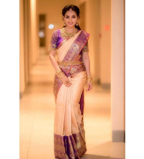 Generic Women's Soft Lichi Silk Printed Saree With Unstitched Blouse 5.5Mtr (Purple)