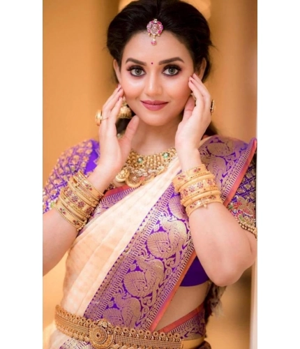 Generic Women's Soft Lichi Silk Printed Saree With Unstitched Blouse 5.5Mtr (Purple)