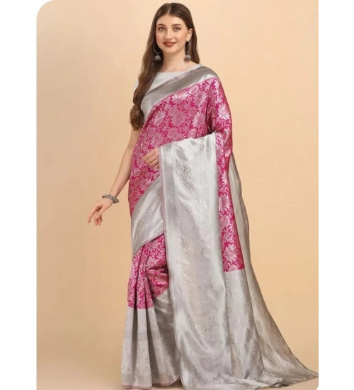Generic Women's Soft Lichi Silk Printed Saree With Unstitched Blouse 5.5Mtr (Pink)