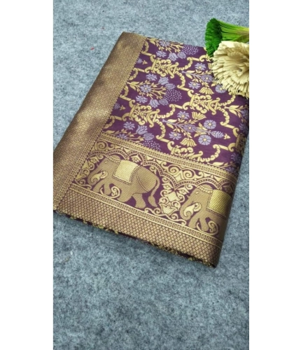 Generic Women's Soft Lichi Silk Printed Saree With Unstitched Blouse 5.5Mtr (Purple)