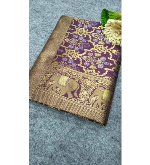 Generic Women's Soft Lichi Silk Printed Saree With Unstitched Blouse 5.5Mtr (Purple)