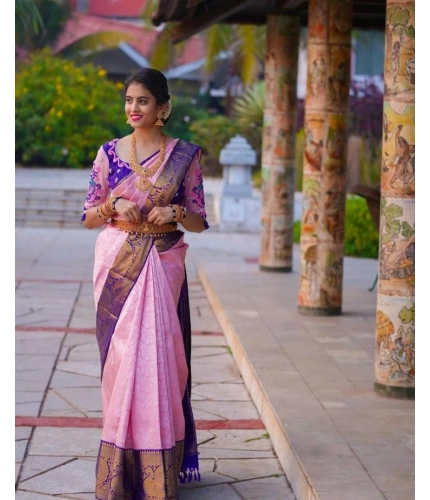 Generic Women's Soft Lichi Silk Printed Saree With Unstitched Blouse 5.5Mtr (Purple)