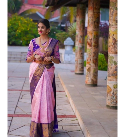 Generic Women's Soft Lichi Silk Printed Saree With Unstitched Blouse 5.5Mtr (Purple)