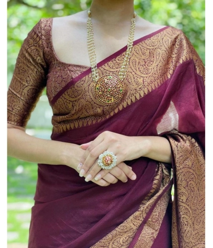 Generic Women's Soft Lichi Silk Solid Saree With Unstitched Blouse 5.5Mtr (Maroon)