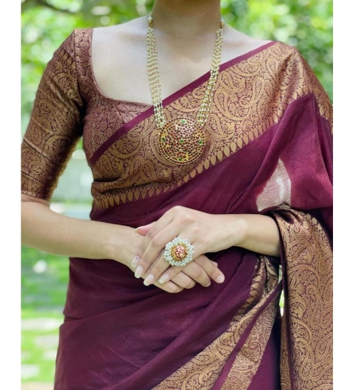 Generic Women's Soft Lichi Silk Solid Saree With Unstitched Blouse 5.5Mtr (Maroon)