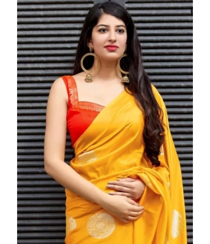 Generic Women's Soft Lichi Silk Printed Saree With Unstitched Blouse 5.5Mtr (Yellow)