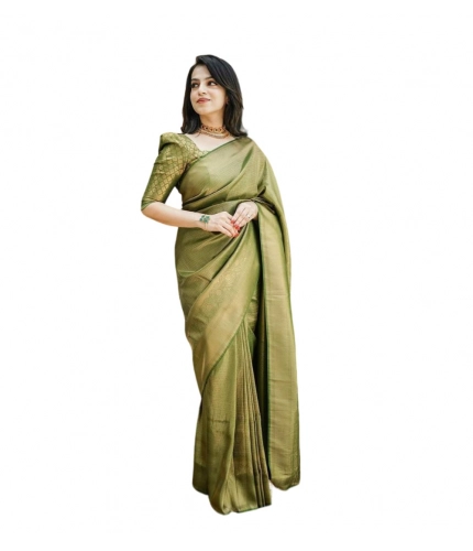 Generic Women's Soft Lichi Silk Printed Saree With Unstitched Blouse 5.5Mtr (Green)
