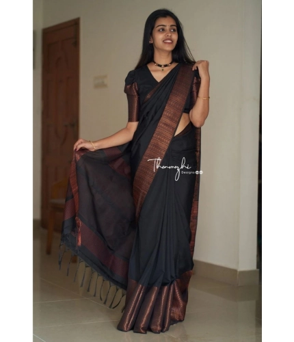 Generic Women's Soft Lichi Silk Solid Saree With Unstitched Blouse 5.5Mtr (Black)