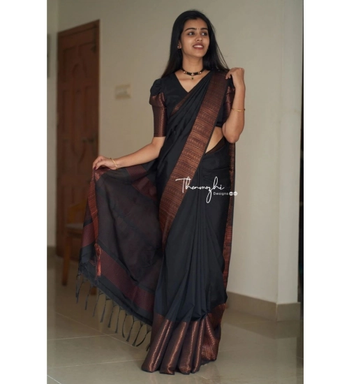 Generic Women's Soft Lichi Silk Solid Saree With Unstitched Blouse 5.5Mtr (Black)