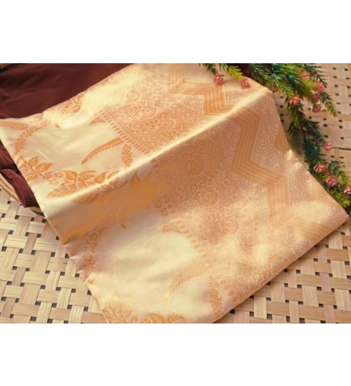 Generic Women's Soft Lichi Silk Printed Saree With Unstitched Blouse 5.5Mtr (Golden)