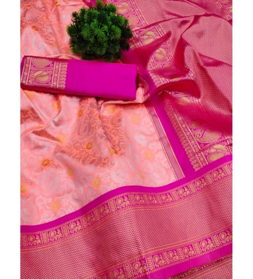 Generic Women's Soft Lichi Silk Printed Saree With Unstitched Blouse 5.5Mtr (Pink)