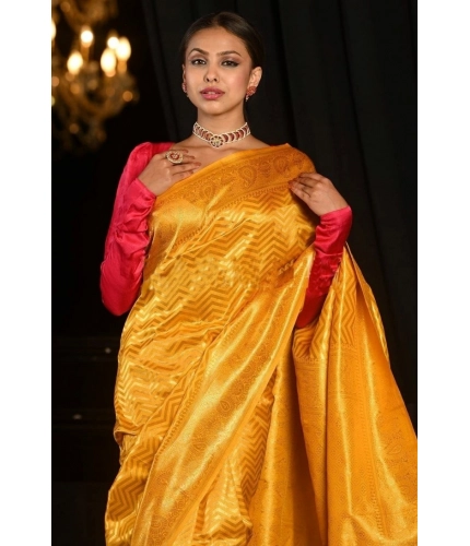 Generic Women's Soft Lichi Silk Woven Saree With Unstitched Blouse 5.5Mtr (Yellow)
