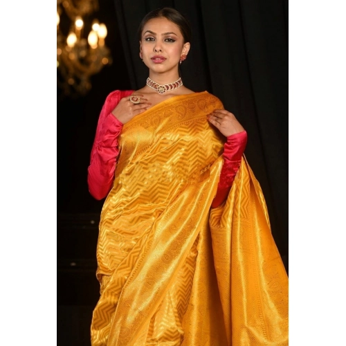 Women's Soft Lichi Silk Woven Saree With Unstitched Blouse 5.5Mtr (Yellow)