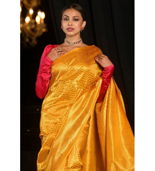 Generic Women's Soft Lichi Silk Woven Saree With Unstitched Blouse 5.5Mtr (Yellow)