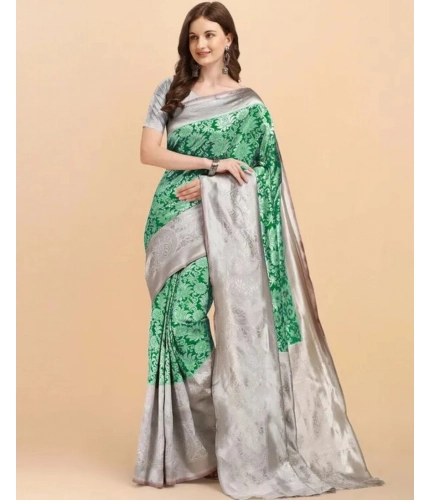 Generic Women's Soft Lichi Silk Printed Saree With Unstitched Blouse 5.5Mtr (Green)