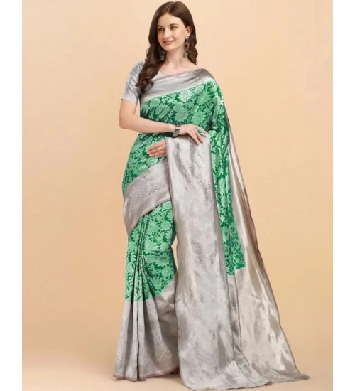 Generic Women's Soft Lichi Silk Printed Saree With Unstitched Blouse 5.5Mtr (Green)