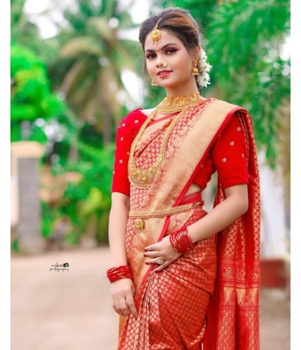 Generic Women's Soft Lichi Silk Printed Saree With Unstitched Blouse 5.5Mtr (Red)