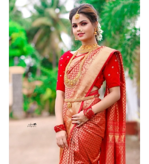 Generic Women's Soft Lichi Silk Printed Saree With Unstitched Blouse 5.5Mtr (Red)
