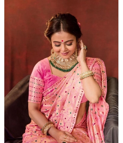 Generic Women's Soft Lichi Silk Printed Saree With Unstitched Blouse 5.5Mtr (Pink)