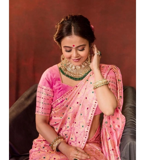 Generic Women's Soft Lichi Silk Printed Saree With Unstitched Blouse 5.5Mtr (Pink)