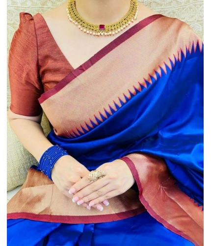 Generic Women's Soft Lichi Silk Solid Saree With Unstitched Blouse 5.5Mtr (Blue)