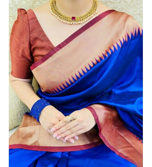 Generic Women's Soft Lichi Silk Solid Saree With Unstitched Blouse 5.5Mtr (Blue)