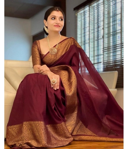 Generic Women's Soft Lichi Silk Solid Saree With Unstitched Blouse 5.5Mtr (Maroon)