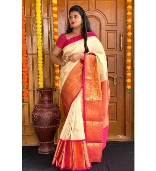 Generic Women's Soft Lichi Silk Printed Saree With Unstitched Blouse 5.5Mtr (Cream)