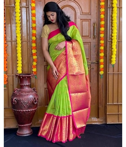 Generic Women's Soft Lichi Silk Printed Saree With Unstitched Blouse 5.5Mtr (Green)