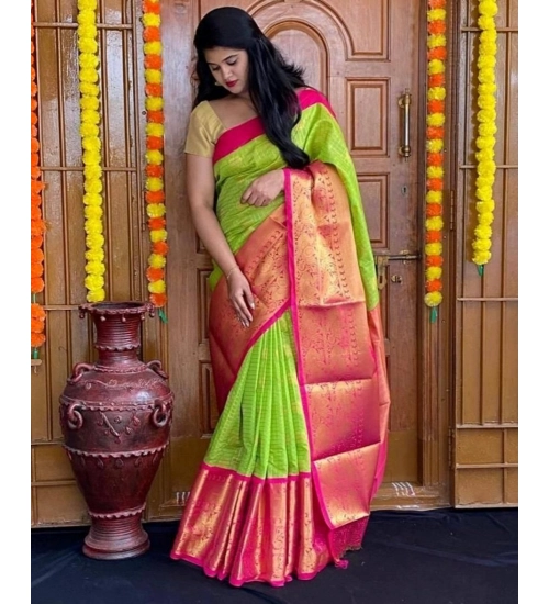 Generic Women's Soft Lichi Silk Printed Saree With Unstitched Blouse 5.5Mtr (Green)