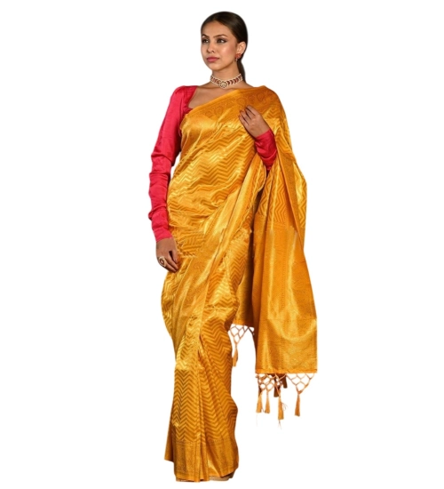 Generic Women's Soft Lichi Silk Woven Saree With Unstitched Blouse 5.5Mtr (Yellow)