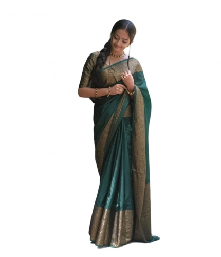 Generic Women's Soft Lichi Silk Solid Saree With Unstitched Blouse 5.5Mtr (Green)