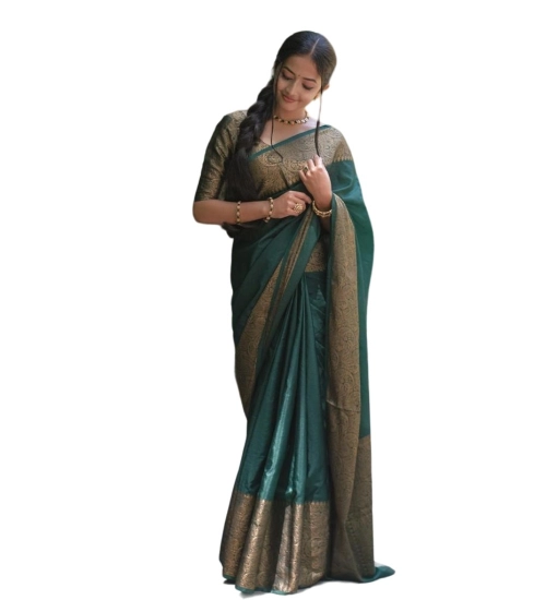 Generic Women's Soft Lichi Silk Solid Saree With Unstitched Blouse 5.5Mtr (Green)