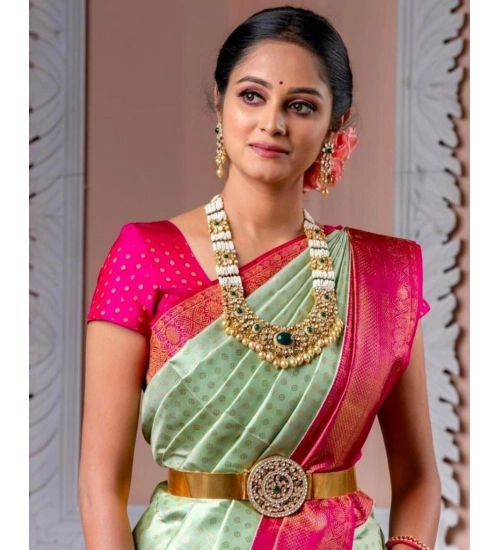 Generic Women's Soft Lichi Silk Printed Saree With Unstitched Blouse 5.5Mtr (Light Green)