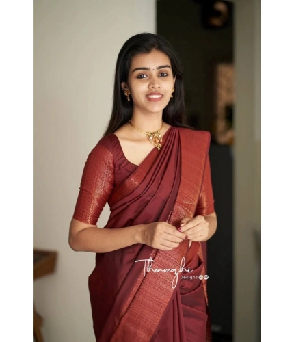 Generic Women's Soft Lichi Silk Solid Saree With Unstitched Blouse 5.5Mtr (Maroon)