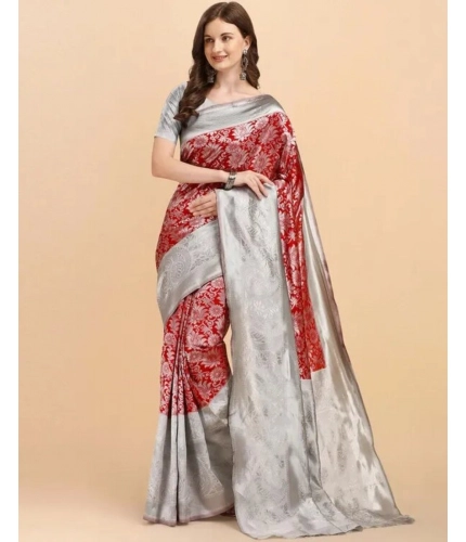 Generic Women's Soft Lichi Silk Printed Saree With Unstitched Blouse 5.5Mtr (Red)