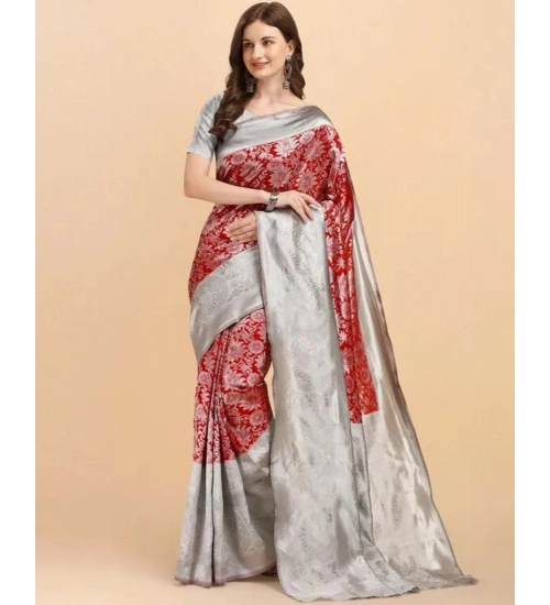 Generic Women's Soft Lichi Silk Printed Saree With Unstitched Blouse 5.5Mtr (Red)