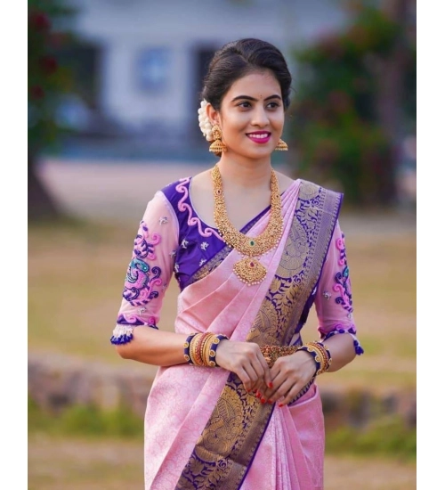 Generic Women's Soft Lichi Silk Printed Saree With Unstitched Blouse 5.5Mtr (Purple)
