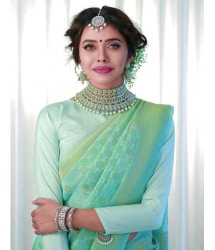 Generic Women's Soft Lichi Silk Printed Saree With Unstitched Blouse 5.5Mtr (Light Green)