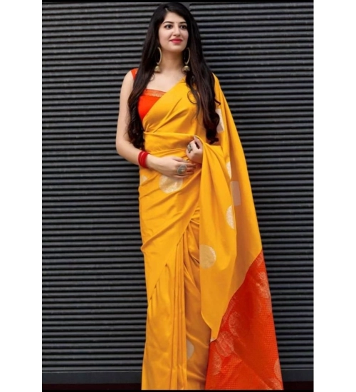 Generic Women's Soft Lichi Silk Printed Saree With Unstitched Blouse 5.5Mtr (Yellow)