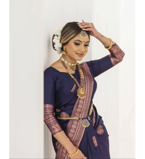 Generic Women's Soft Lichi Silk Printed Saree With Unstitched Blouse 5.5Mtr (Navy Blue)