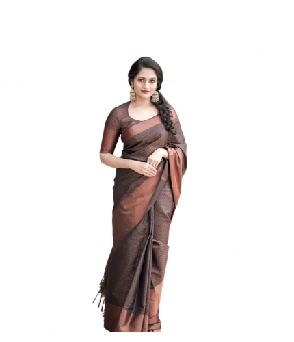 Generic Women's Soft Lichi Silk Printed Saree With Unstitched Blouse 5.5Mtr (Brown)