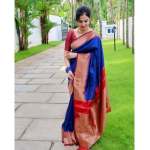 Generic Women's Soft Lichi Silk Solid Saree With Unstitched Blouse 5.5Mtr (Blue)