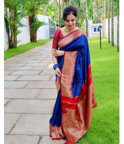 Generic Women's Soft Lichi Silk Solid Saree With Unstitched Blouse 5.5Mtr (Blue)