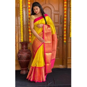 Generic Women's Soft Lichi Silk Printed Saree With Unstitched Blouse 5.5Mtr (Yellow)