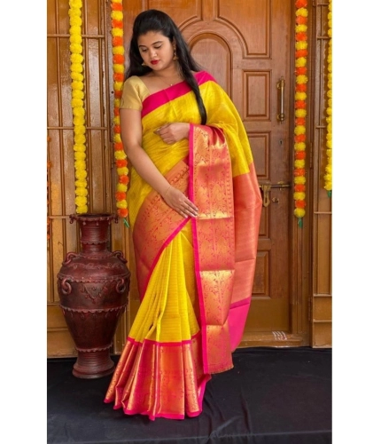 Generic Women's Soft Lichi Silk Printed Saree With Unstitched Blouse 5.5Mtr (Yellow)